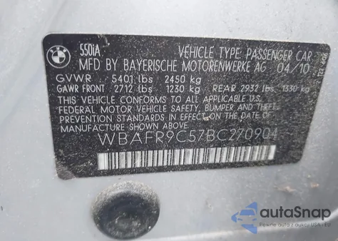 2011 BMW 550I from USA, damaged, VIN WBAFR9C57BC270904